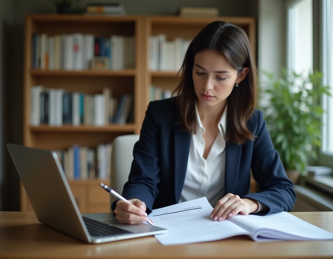 Femme consultant son CV et cherchant un emploi idéal depuis son bureau à domicile