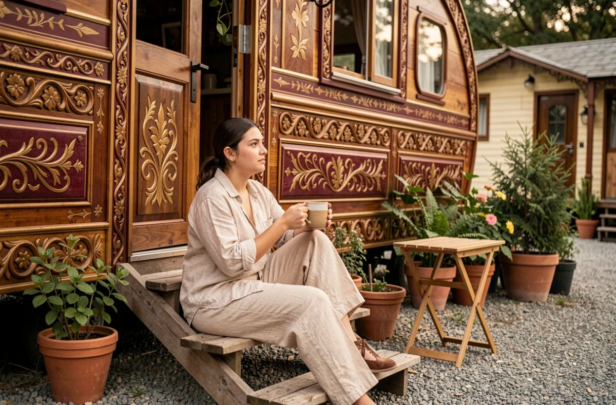 Jeune femme assise sur les marches d'une roulotte colorée de style gitan, tenant une tasse de café et regardant au loin dans un camping rustique