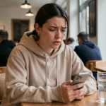 Jeune femme stressée regardant son smartphone dans un café parisien, illustrant la réaction au scandale du leak Miel ABT en 2026