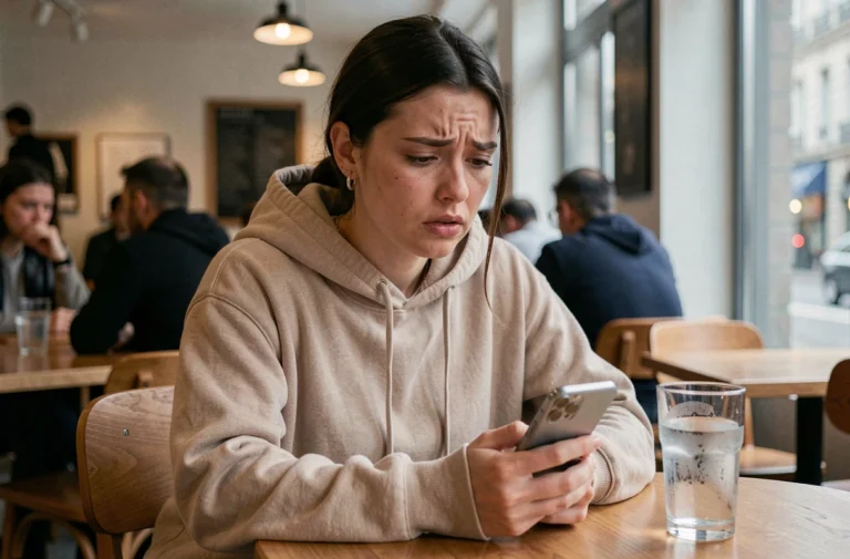 Jeune femme stressée regardant son smartphone dans un café parisien, illustrant la réaction au scandale du leak Miel ABT en 2026