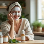 Femme souriante appliquant un masque visage dans une cuisine lumineuse