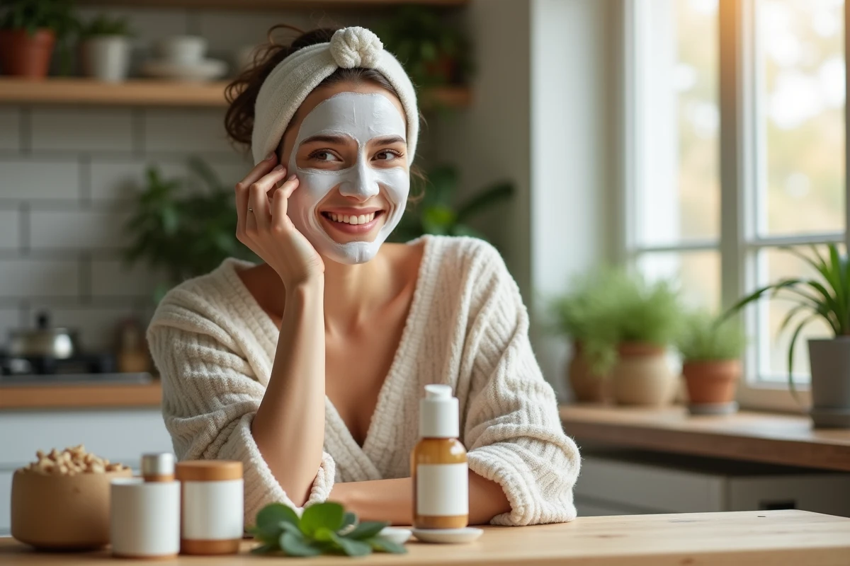 Femme souriante appliquant un masque visage dans une cuisine lumineuse