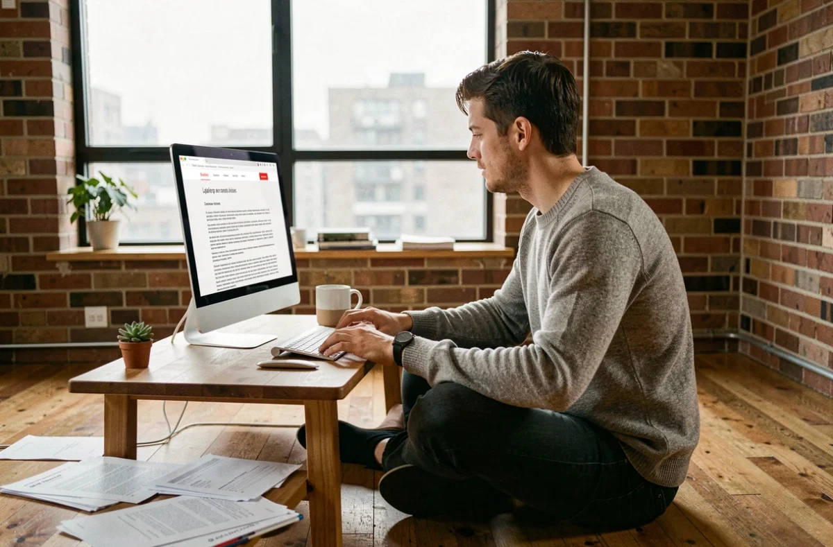 Jeune homme freelance travaillant sur les mentions légales de son site web depuis un bureau à domicile