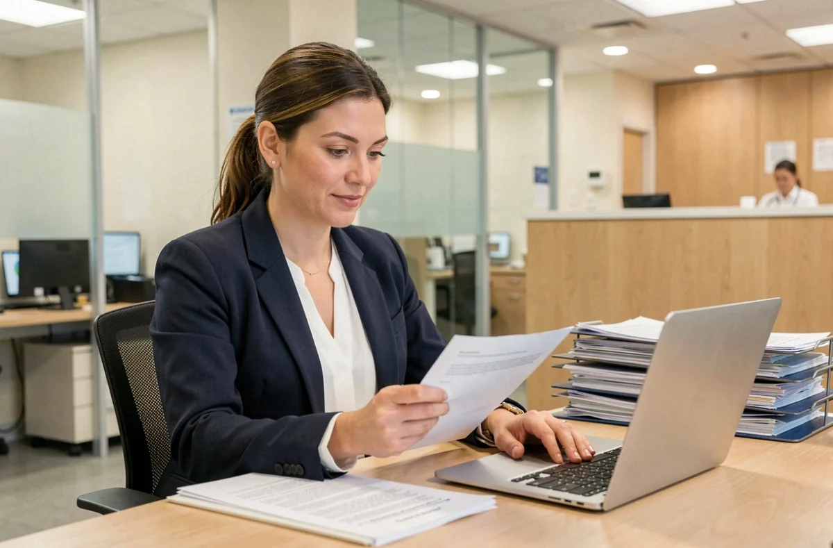 Professionnelle de santé gérant la paperasse administrative dans un bureau médical moderne