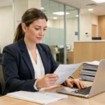 Professionnelle de santé gérant la paperasse administrative dans un bureau médical moderne