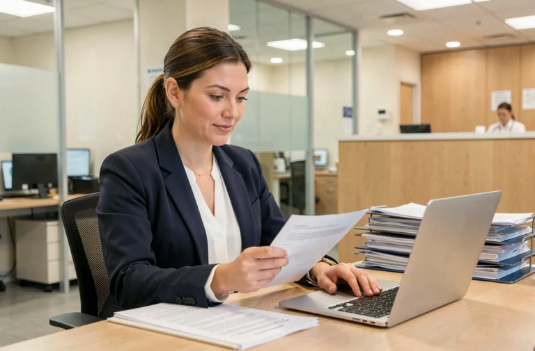 Professionnelle de santé gérant la paperasse administrative dans un bureau médical moderne