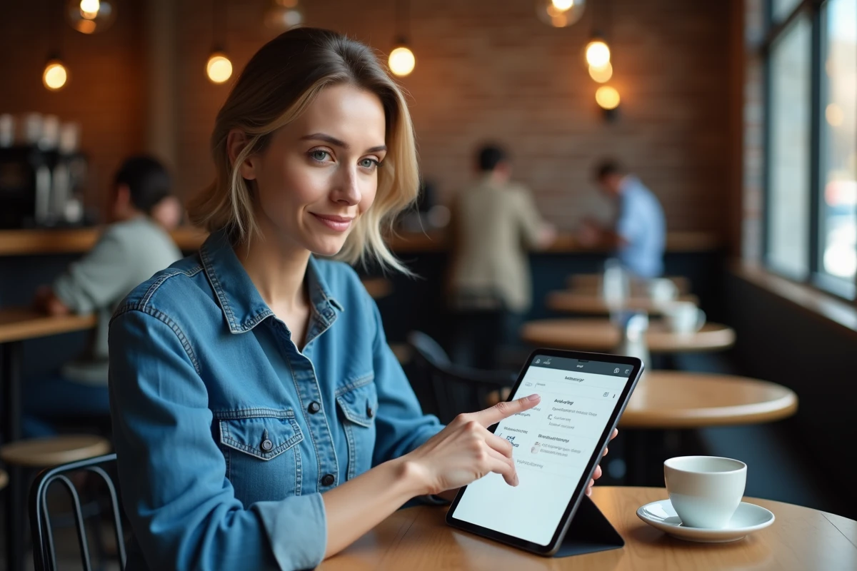 Femme utilisant une tablette iPad pour gérer des applications dans un café moderne