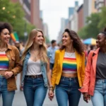 Groupe d'amis souriants lors d'une parade Pride en ville