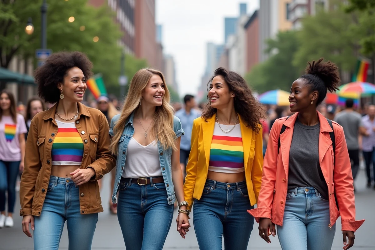 Groupe d'amis souriants lors d'une parade Pride en ville
