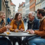 Groupe d'adultes souriants dans un café en ville