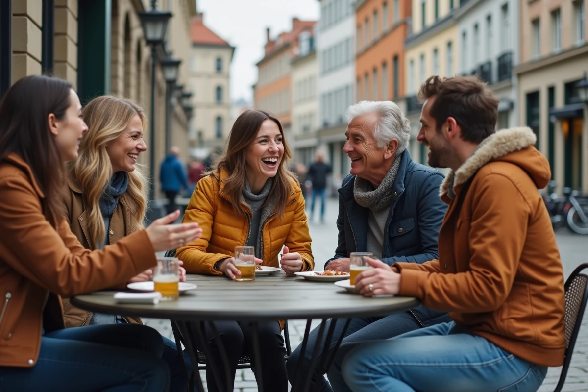 Groupe d'adultes souriants dans un café en ville