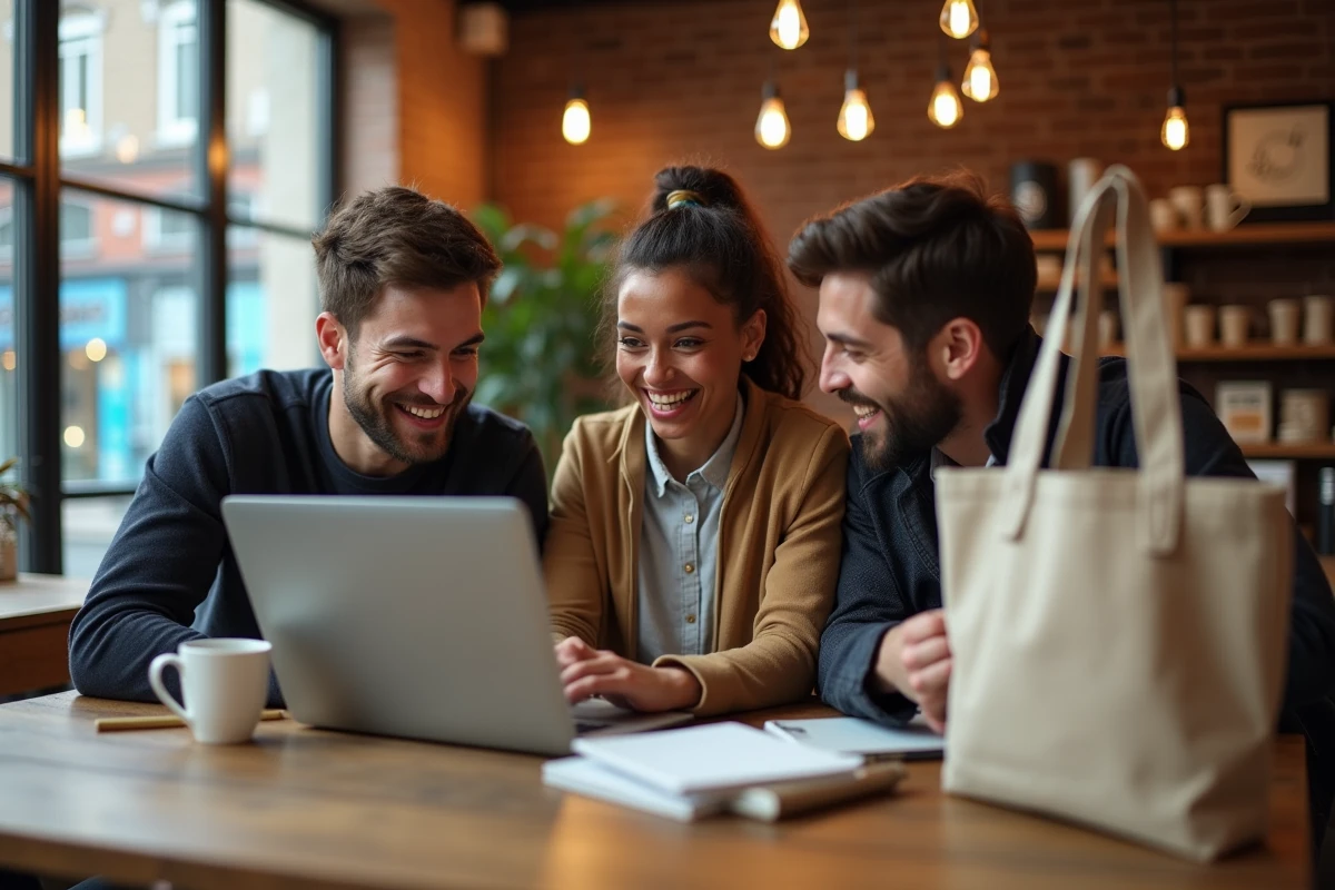 Groupe de jeunes adultes connectés autour d'un ordinateur dans un café tendance, symbole de la génération informée