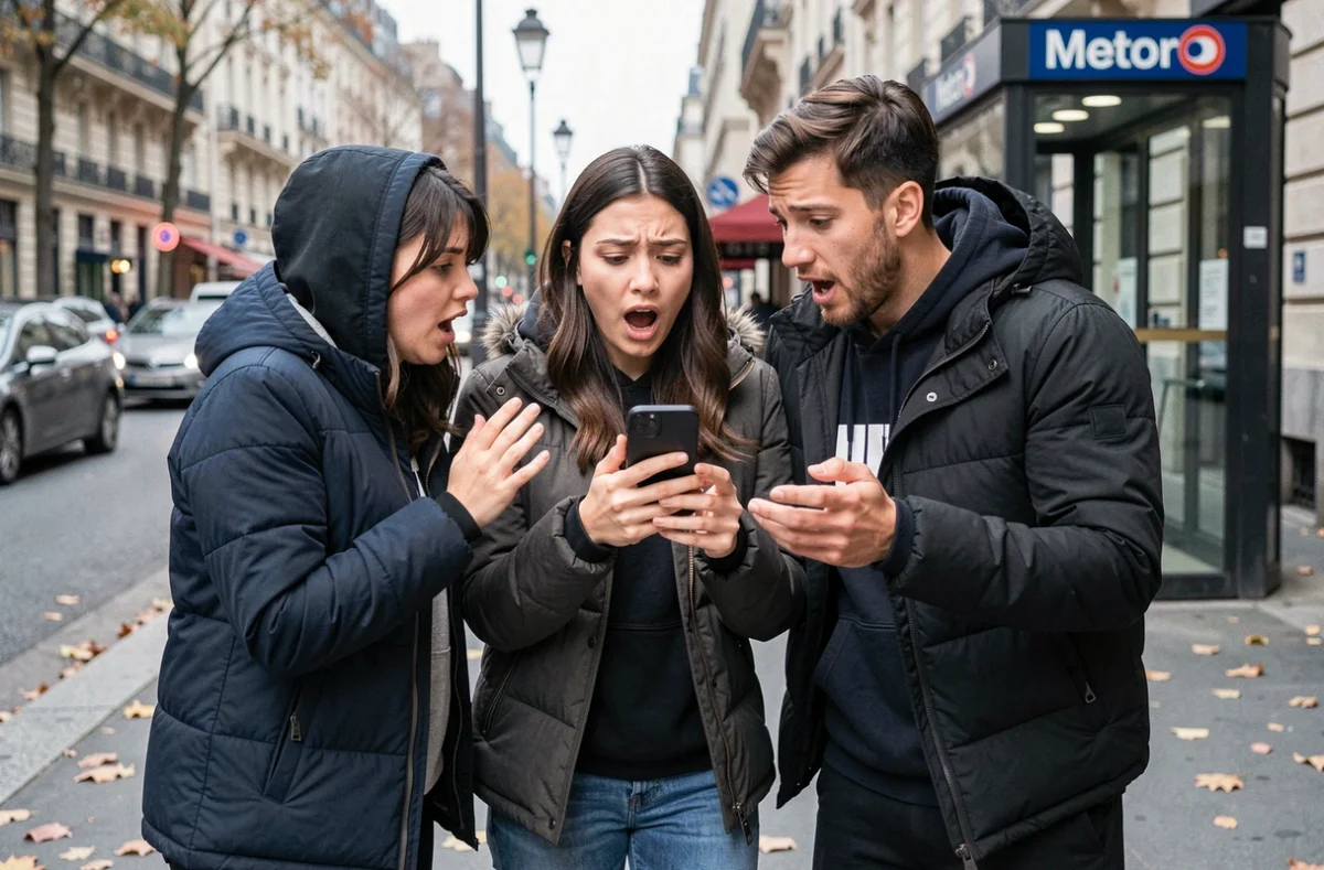 Groupe de jeunes adultes réagissant à un contenu viral sur smartphone dans une rue parisienne, en lien avec le scandale Miel ABT 2026