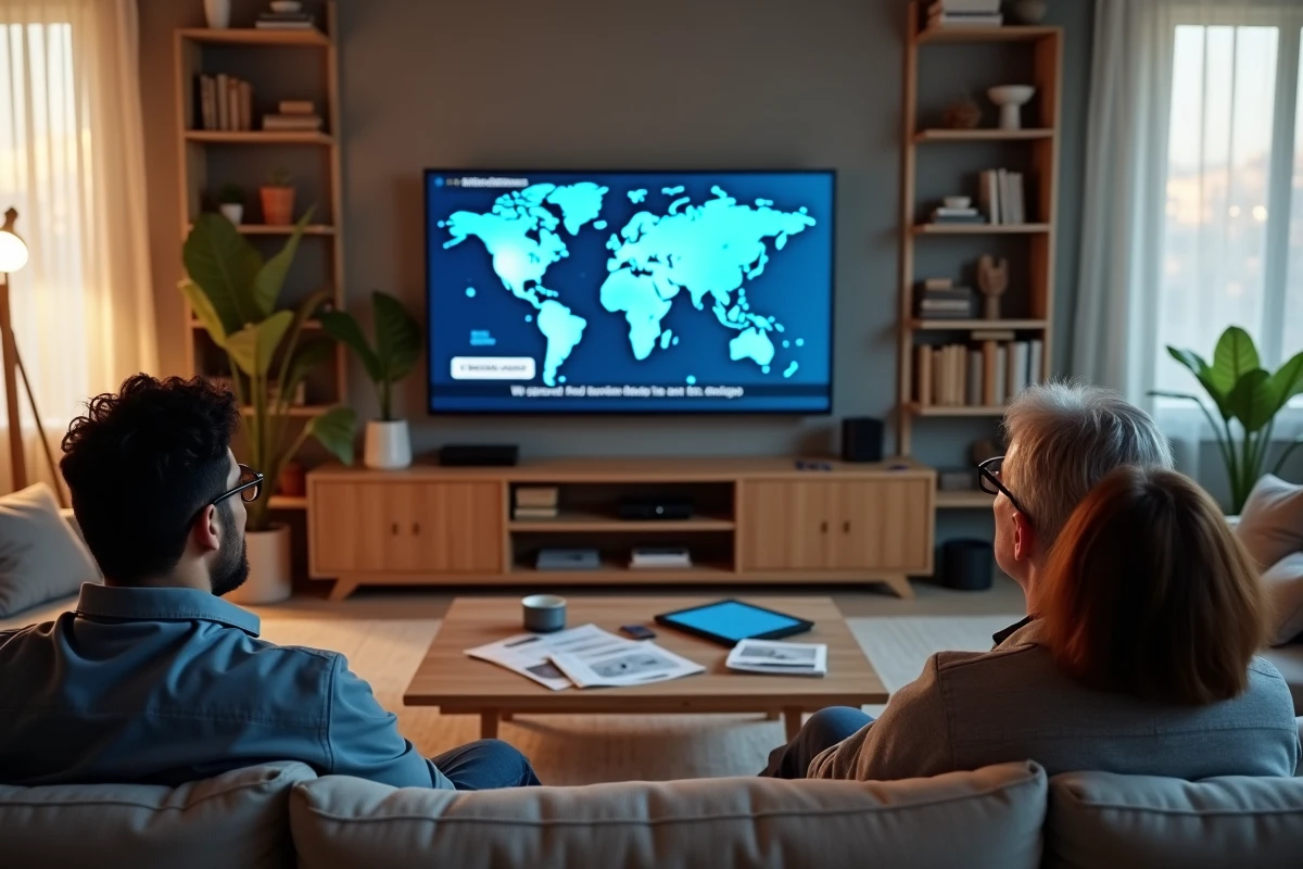 Groupe de personnes regardant les informations internationales en direct à la télévision dans un salon moderne