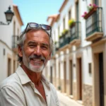 Habitant de Málaga souriant devant une façade andalouse typique avec carreaux de céramique dans le centre historique de la ville