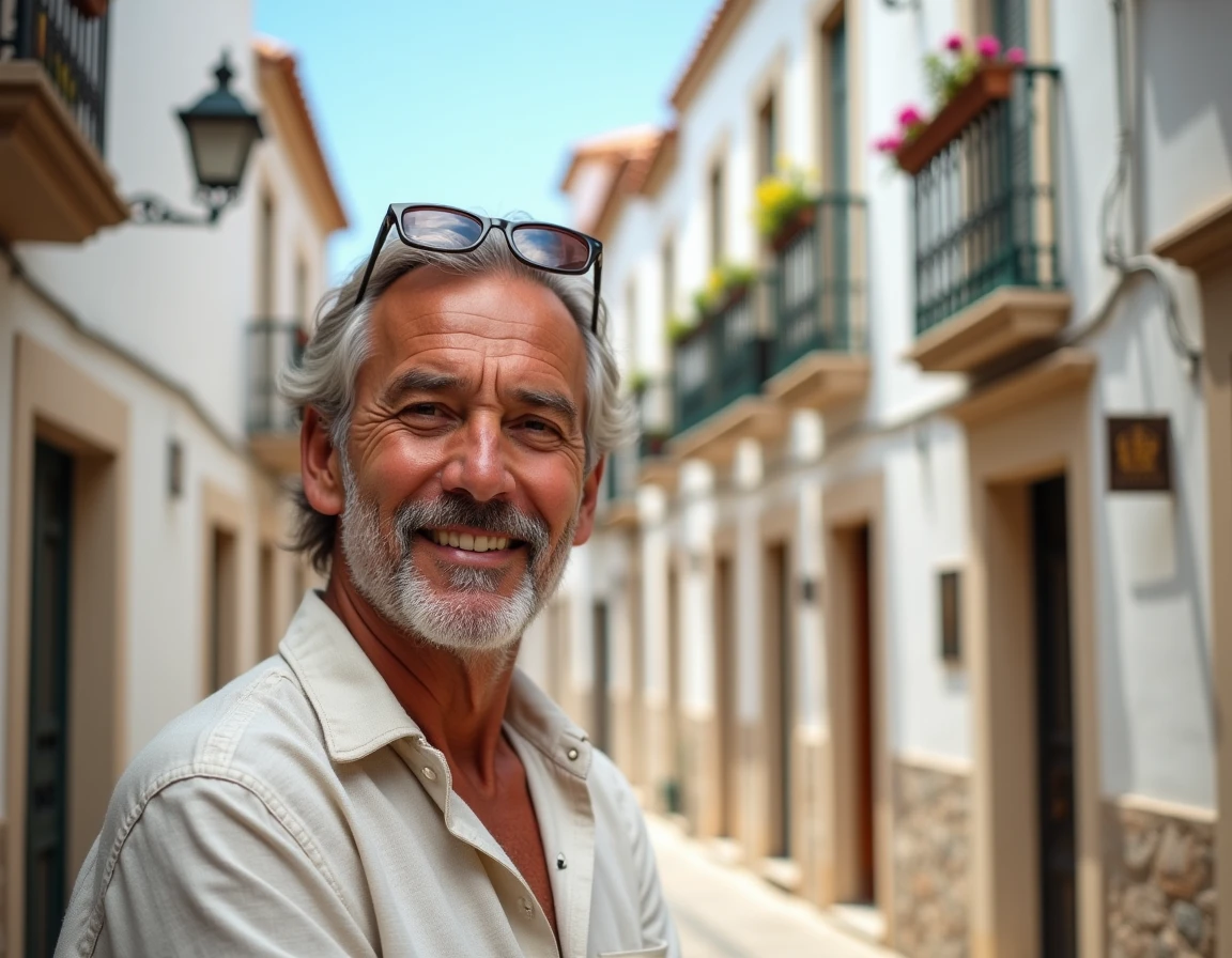 Habitant de Málaga souriant devant une façade andalouse typique avec carreaux de céramique dans le centre historique de la ville