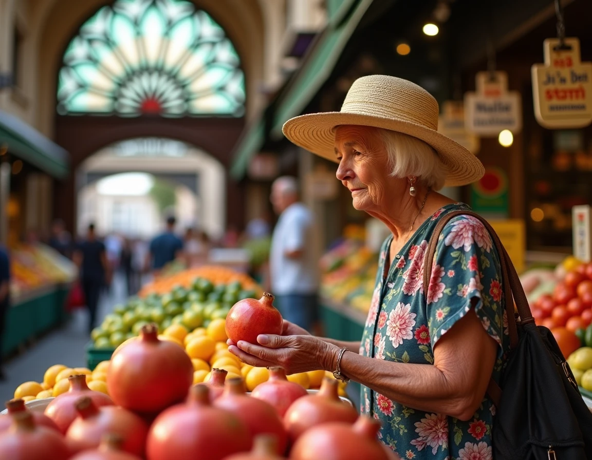 Femme âgée habitante de Málaga faisant ses courses au marché historique Atarazanas parmi les étals de produits frais