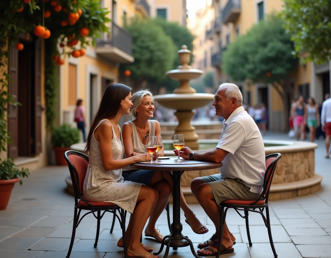 Habitants de Málaga réunis en terrasse d'un bar à tapas traditionnel sur une place animée de la ville