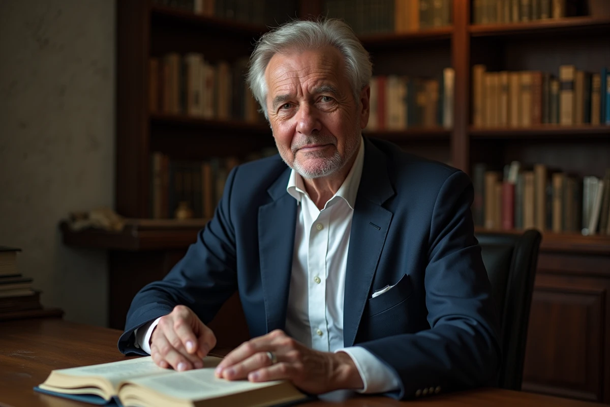 Homme agee en costume dans un bureau studieux