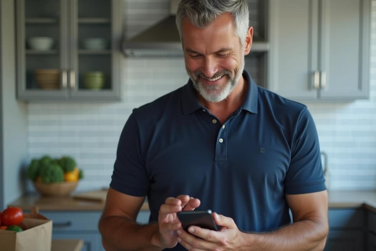 Homme comparant des bons de réduction sur smartphone dans une cuisine moderne