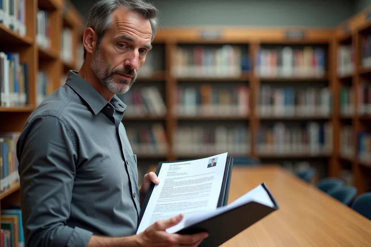 Homme consultant son dossier de documents dans une bibliothèque avant un rendez-vous à Pôle emploi