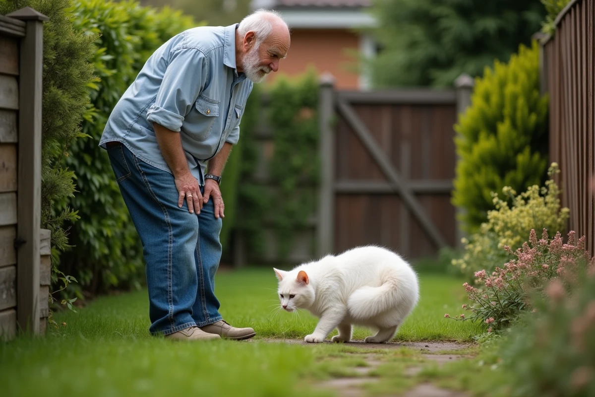 Homme âgé regardant son chat dans le jardin