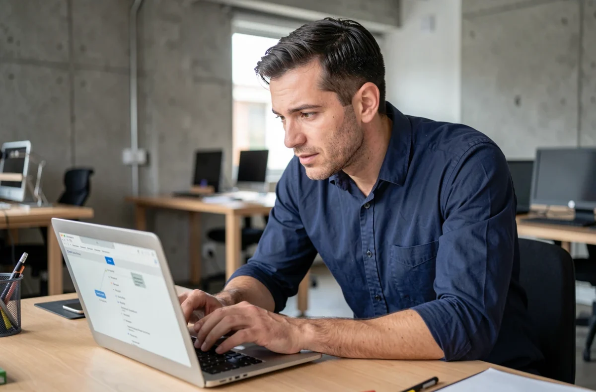 Homme en espace de coworking naviguant sur une page sitemap pour améliorer sa navigation web