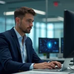 Homme en costume informatique dans un bureau moderne