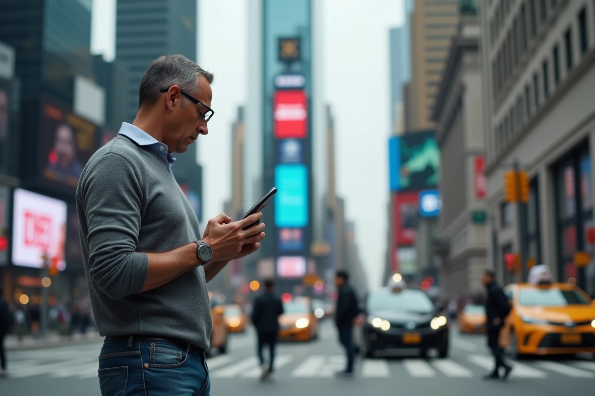 Homme consultant les informations en temps réel sur son smartphone dans une rue animée d'une grande ville