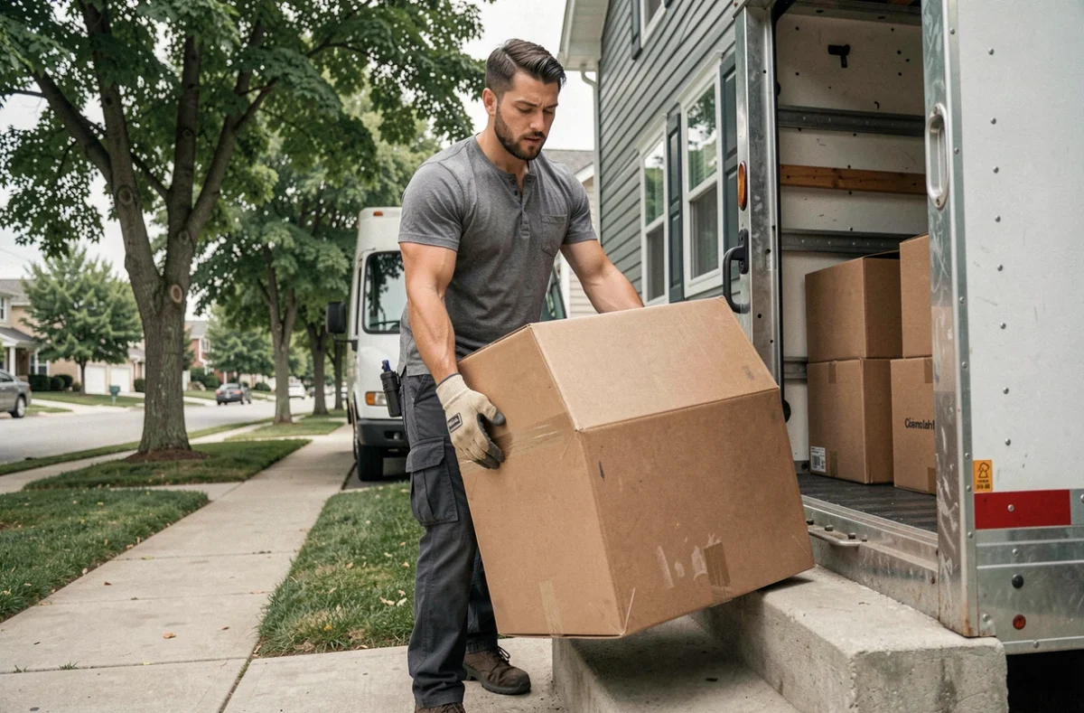 Homme transportant un carton vers un camion de déménagement devant une maison