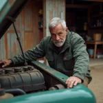Homme inspectant le moteur d'un Toyota HDJ usé