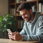 Jeune homme installant une application sur son iPhone depuis un bureau à domicile