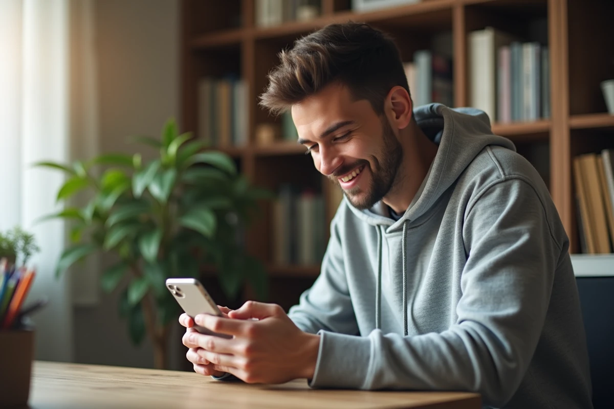 Jeune homme installant une application sur son iPhone depuis un bureau à domicile
