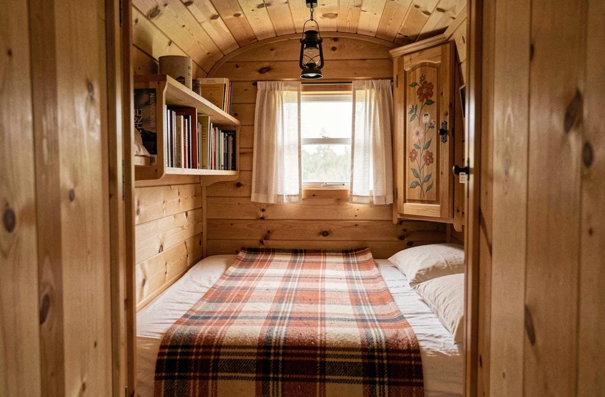 Intérieur chaleureux et douillet d'une roulotte en bois aménagée avec un lit étroit, une couverture en laine à carreaux et une petite fenêtre aux rideaux transparents