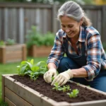Femme plantant des semis dans un jardin en plein air