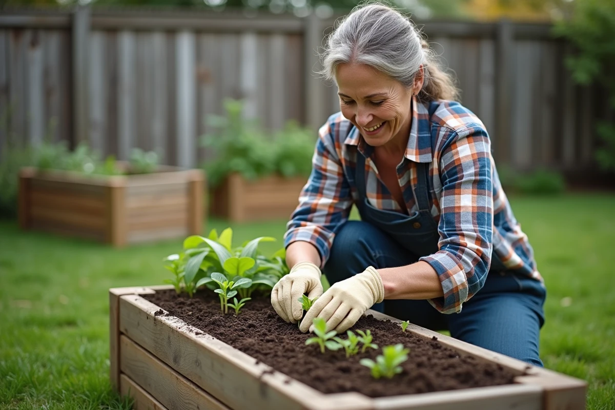 Femme plantant des semis dans un jardin en plein air