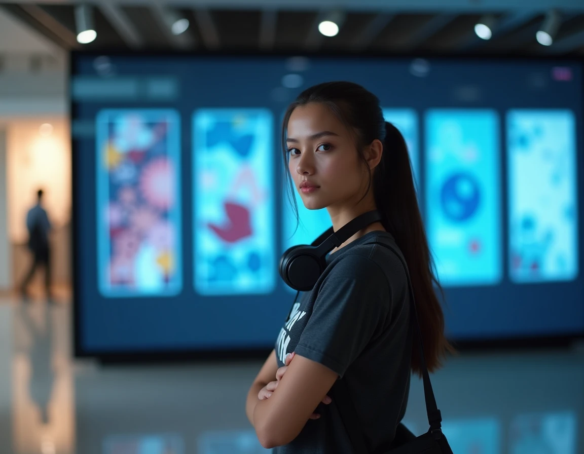 Jeune femme présentant un projet numérique devant un écran interactif dans un campus d'innovation dédié aux femmes dans les STEM