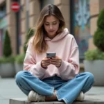 Jeune femme branchée consultant son smartphone en ville, illustrant l'actualité tendance de la génération Z