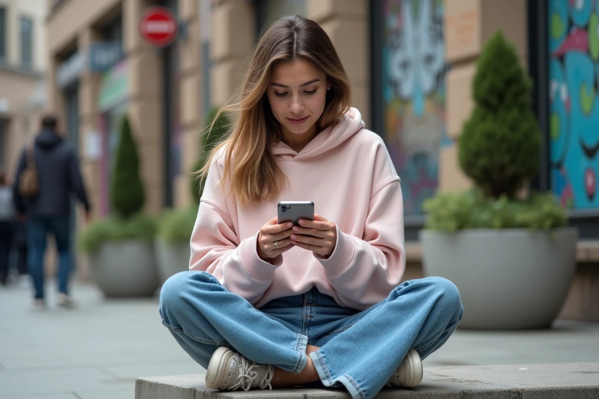 Jeune femme branchée consultant son smartphone en ville, illustrant l'actualité tendance de la génération Z