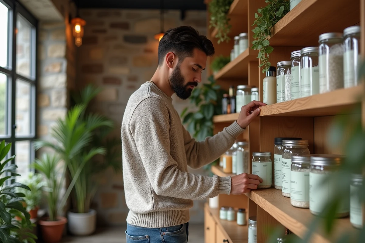 Jeune homme choisissant des produits de bien-être dans une boutique urbaine