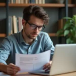 Jeune homme en bureau examinant un document et un ordinateur