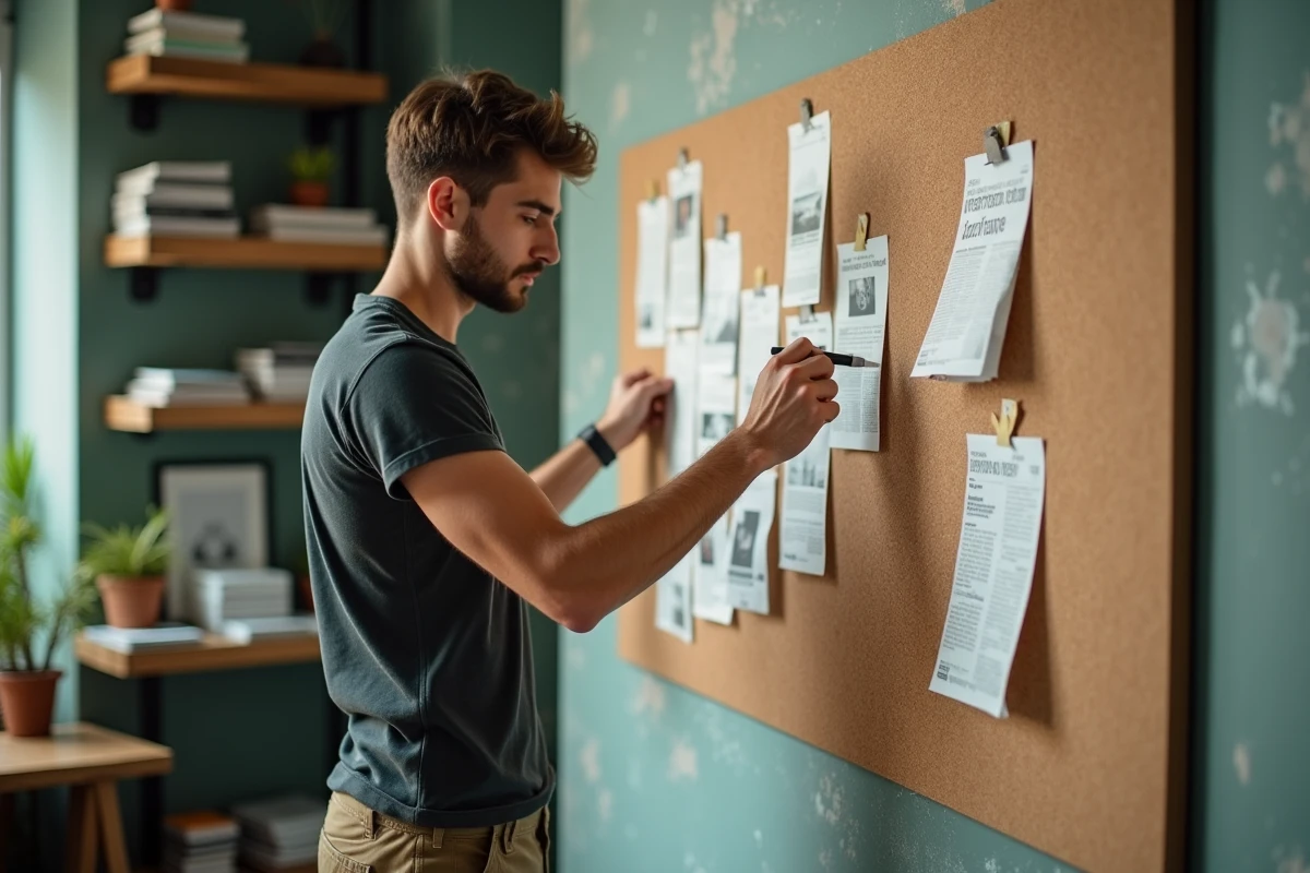 Jeune homme créatif organisant des coupures de presse sur un tableau en liège, illustration de la veille d'actualité tendance