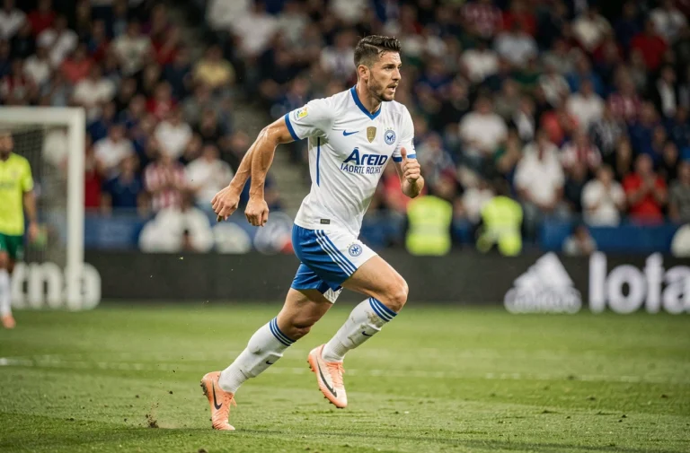 Joueur de football professionnel en plein sprint sur un terrain de stade lors d'un match officiel
