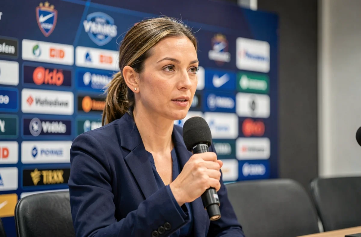 Journaliste sportive interviewant un athlète lors d'une conférence de presse dans une salle officielle