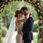 Mariage joyeux sous arche florale en plein air