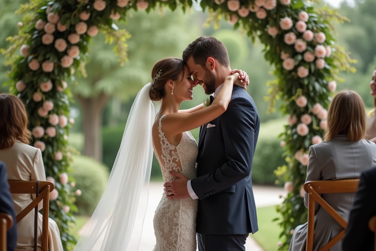 Mariage joyeux sous arche florale en plein air