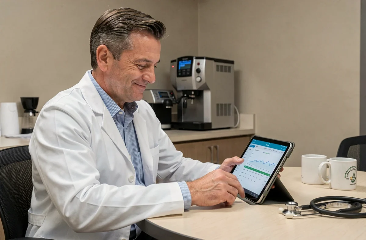 Médecin utilisant une tablette pour gérer la planification administrative des patients en clinique
