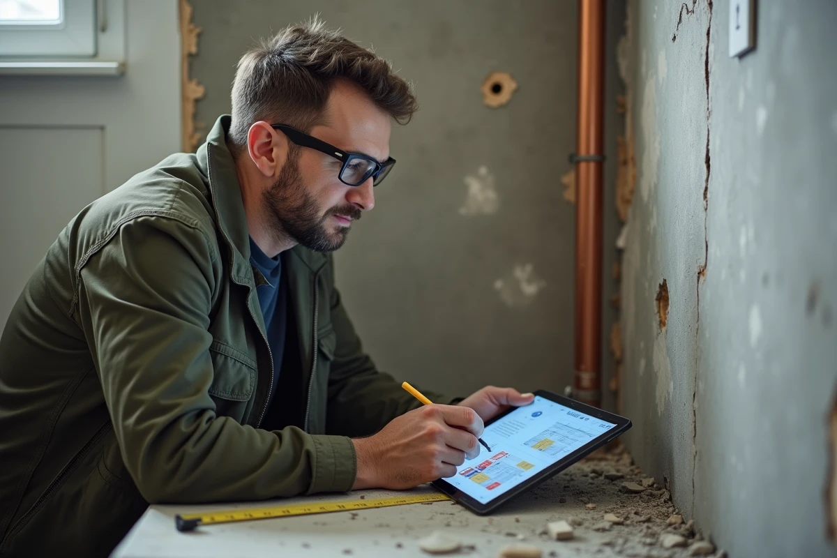 Métreur professionnel mesurant et estimant le coût de rénovation d'une salle de bain en chantier sur tablette numérique