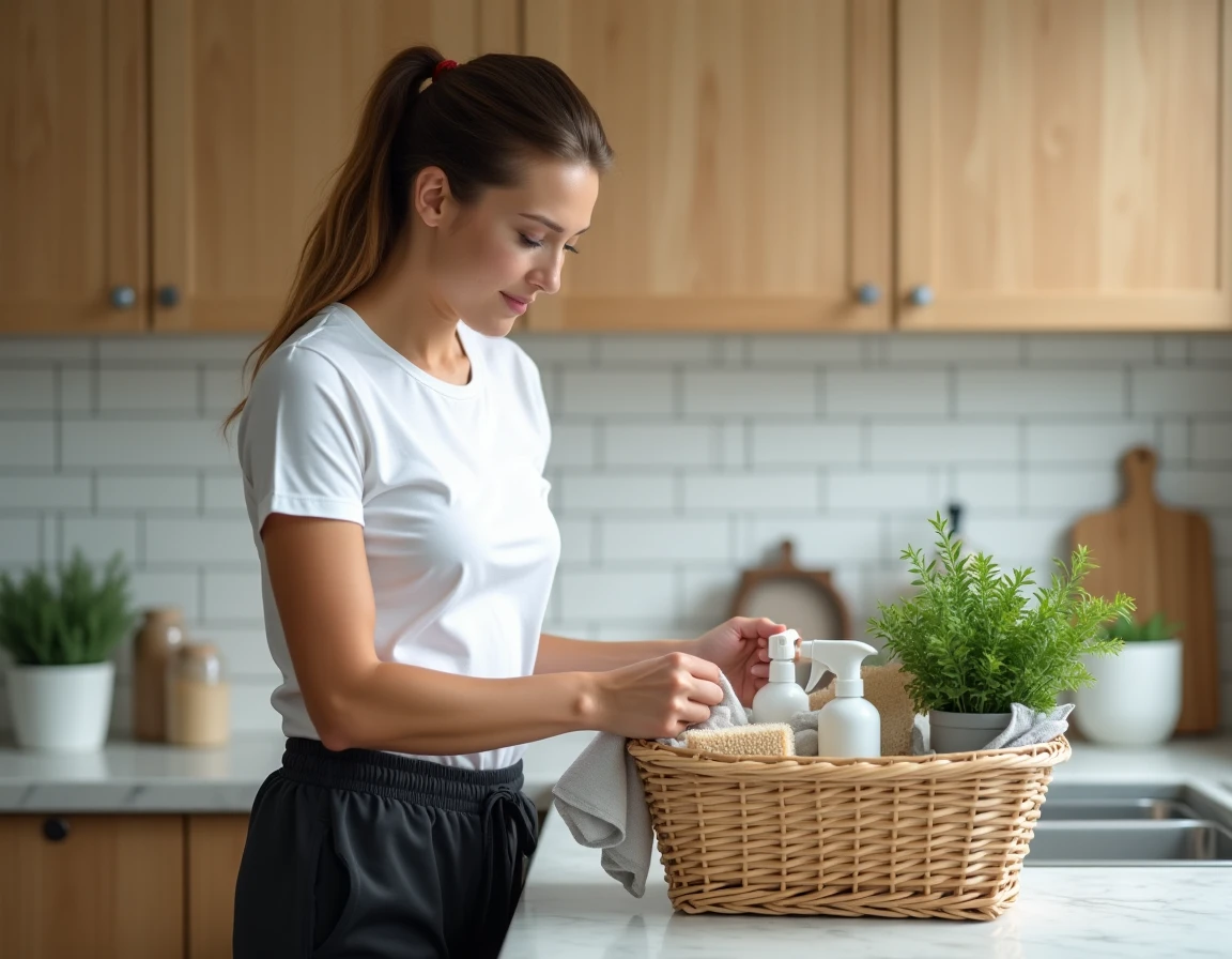 Femme organisant des produits ménagers dans un panier en osier sur un plan de travail de cuisine moderne, conseils rangement maison