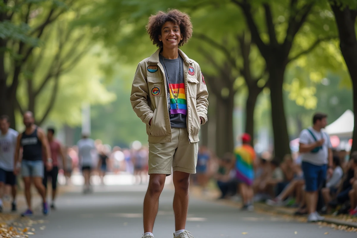 Personne nonbinaire ajustant un foulard arc en ciel dans un parc